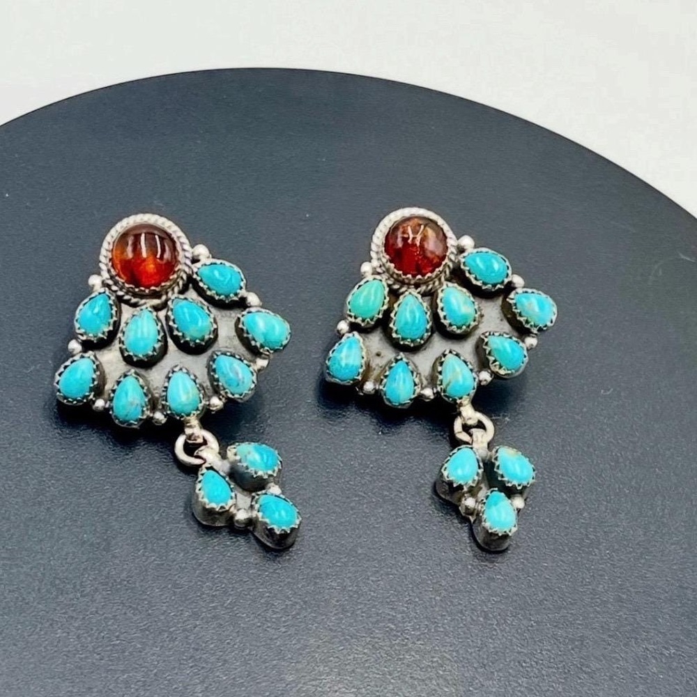 Native American Navajo 925‎ Sterling Silver Turquoise Amber Petit Point Earrings